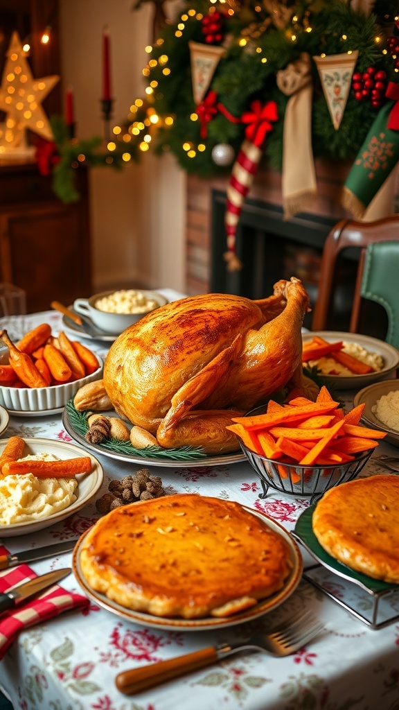 A beautifully arranged Christmas dinner table with roasted turkey, sides, and desserts.